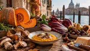 Autumn Venetian food with pumpkin risotto, porcini mushrooms, radicchio, chestnuts and seasonal produce beside a canal