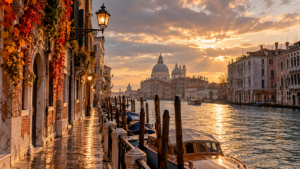 Illustration of low golden October sunlight reflecting across a Venetian canal and historic palace façades