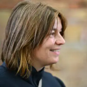 Chiara Camoni photographed at the Venice Biennale 2026, artist of the Italian Pavilion exhibition Con te con tutto
