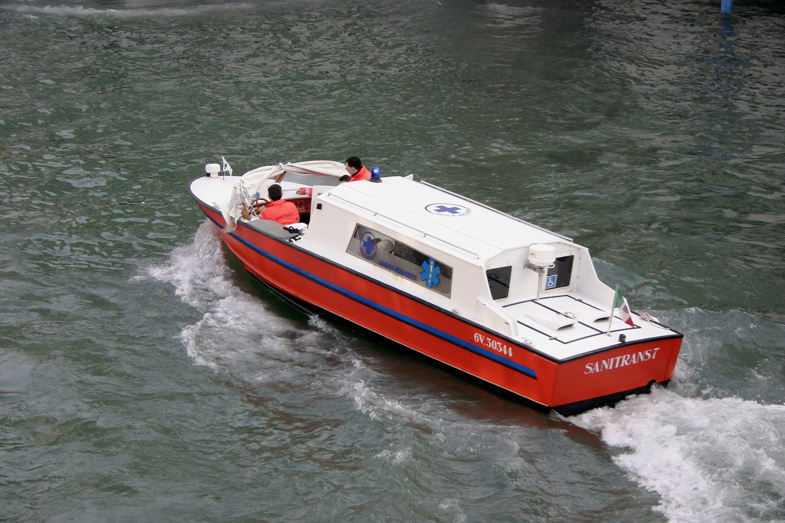 Authentic photograph of a water ambulance in Venice showing how emergency medical services operate on canals