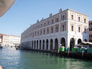 Authentic photograph of the Rialto fish market in Venice, where local vendors work