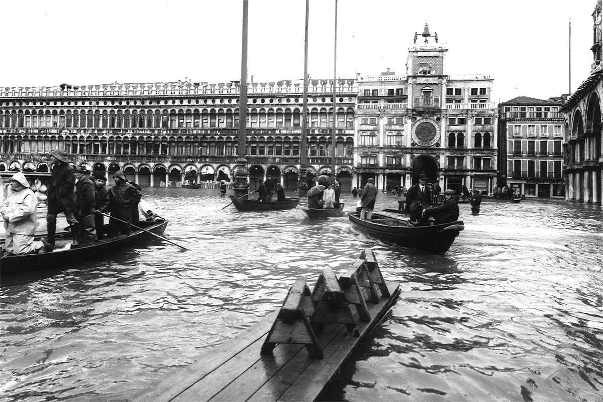 Authentic archival photograph of flooded St Mark's Square in Venice on November 4 1966