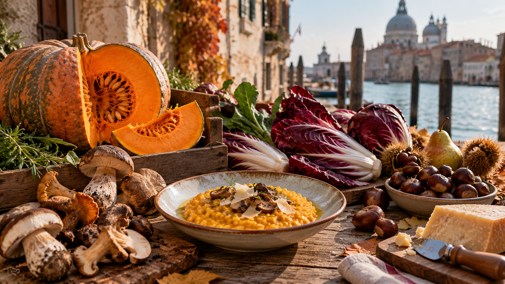 Autumn Venetian food with pumpkin risotto, porcini mushrooms, radicchio, chestnuts and seasonal produce beside a canal