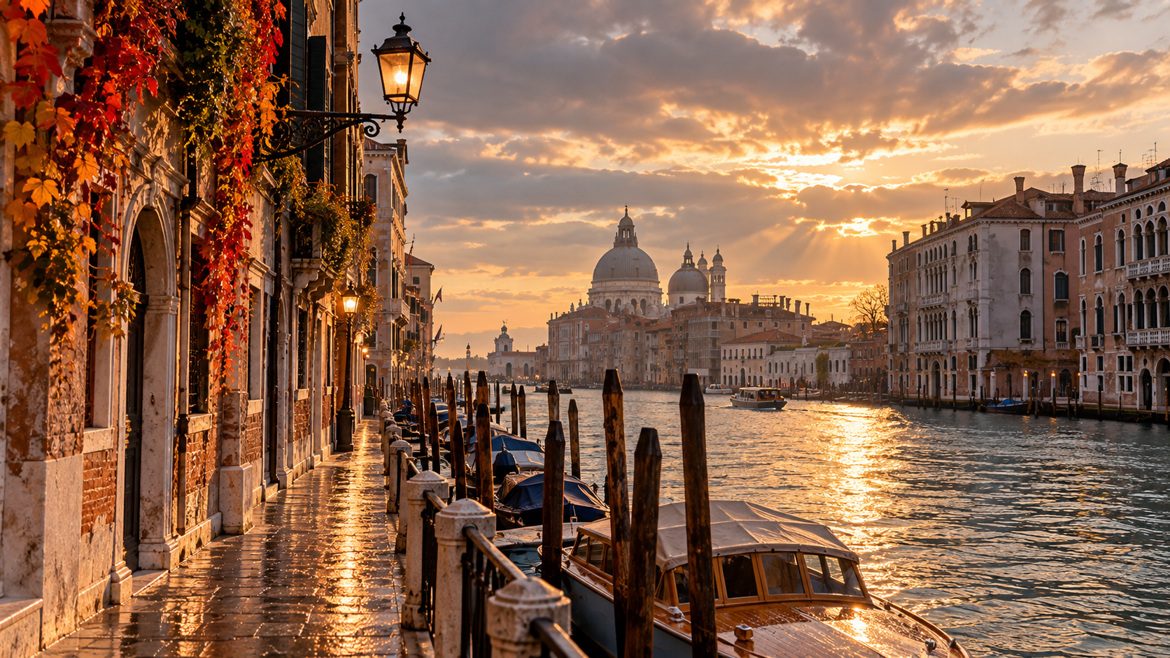Illustration of low golden October sunlight reflecting across a Venetian canal and historic palace façades