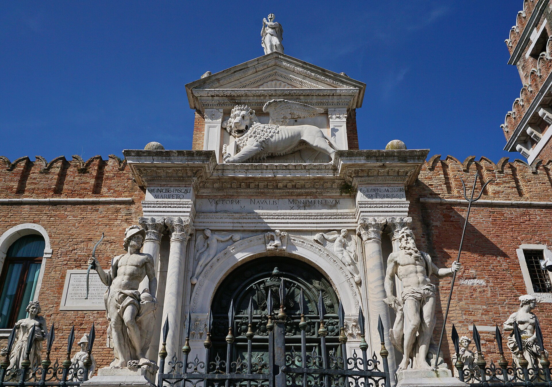 Historic Porta Magna gateway and stone lions at the Venice Arsenale, former shipyard of the Venetian Republic